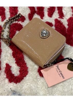 Juicy Couture Beige/Tan Mini Zip Wallet with Chain and Heart Emblem